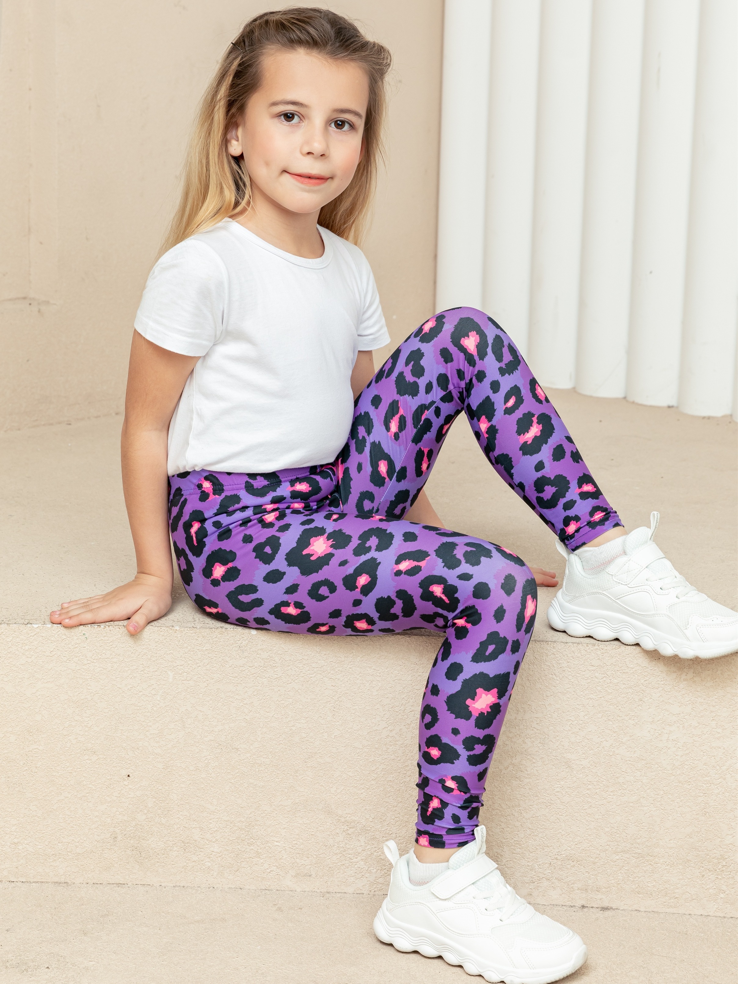 Girls High Stretch Soft Leggings Purple Color Leopards Dots Print Elastic  Waist Pants Bottoms Kids Clothes