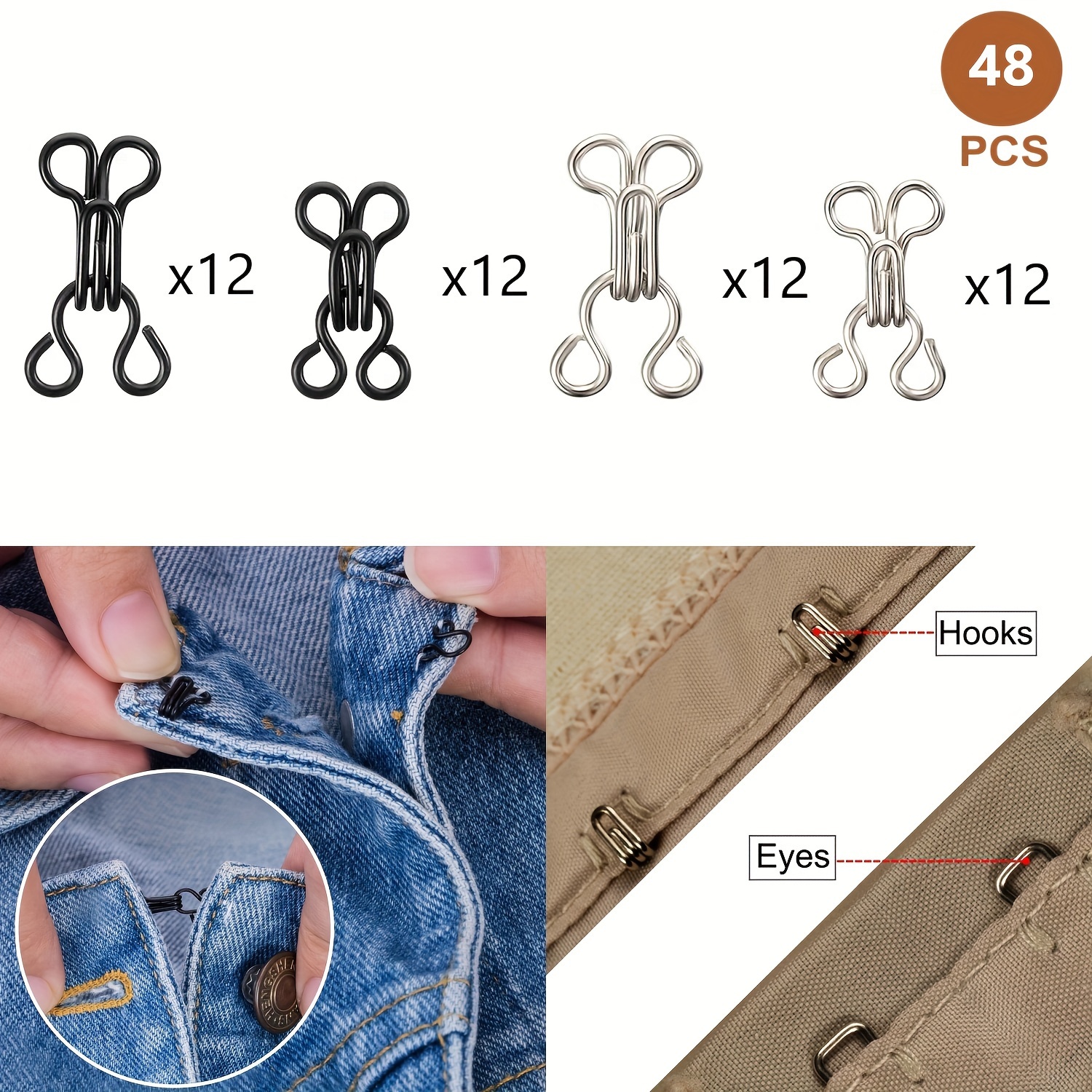KACOLA 60 Set Sewing Hook and Eye Latch for Clothing, Bra Hooks Replacement,  Lar