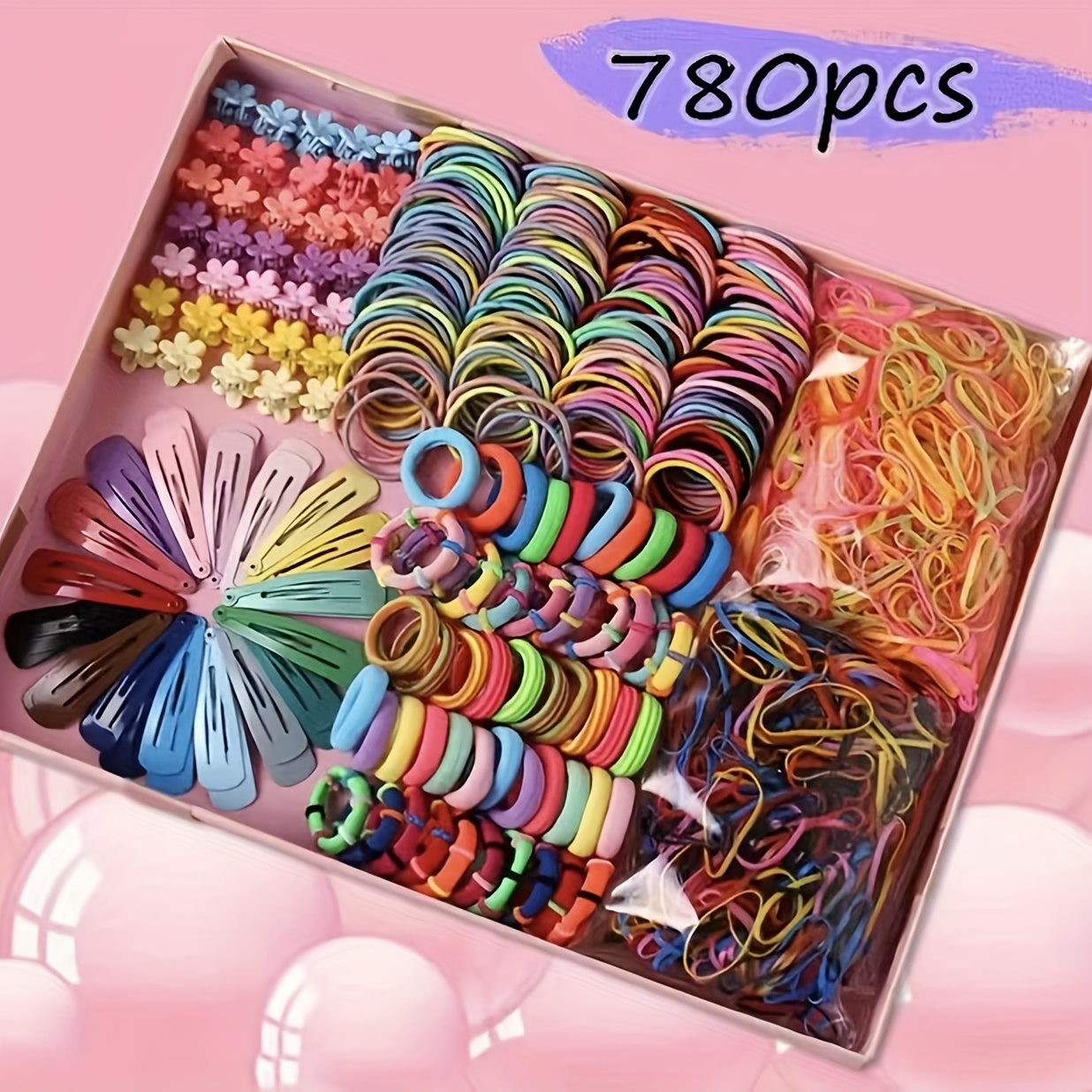 780PCS  Girls Hair Accessories,Elastic Hair Ties,Ponytail Holders Rubber Bands Decorative Hair Accessories,Girl's Birthday Gift