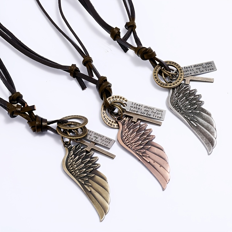 1pc Mens Choker Necklace Personality Angel Wings Pendant Leather Necklace  Adjustable Simple Long Section, 90 Days Buyer Protection