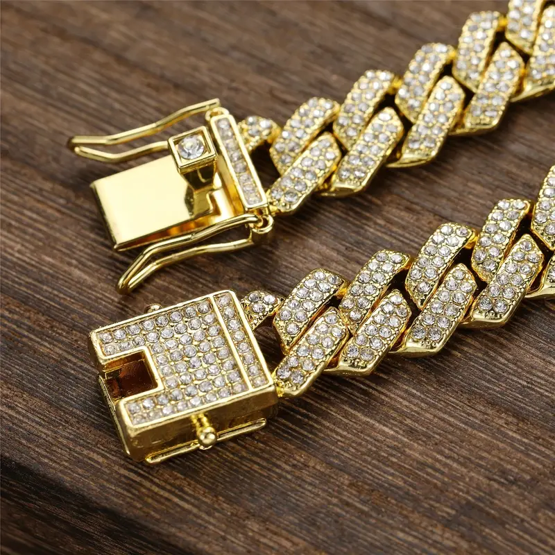 1pc faux diamonds inlaid bling cuban chain bracelet rhinestone zircon bracelets for men women casual wedding holiday jewelry details 3