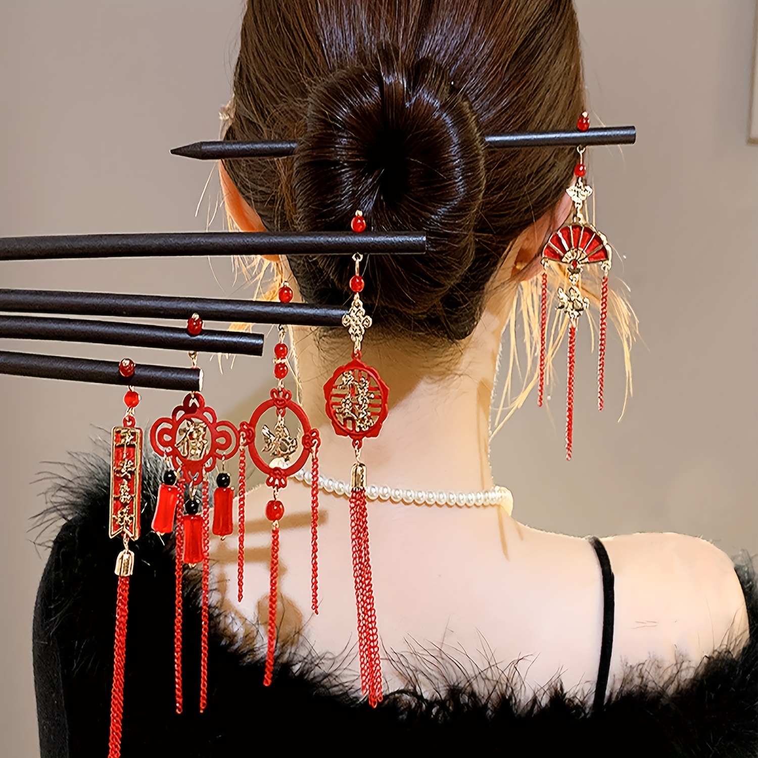 Vintage Wooden Hairpin Red Tassel Pendant Hair Stick Lucky - Temu