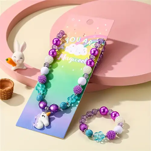 3pcs Girl Unicorn Pendant Multi-Colored Beaded Bracelet Set for Children,Temu