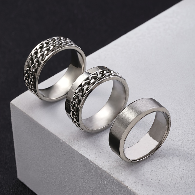Conjunto de 3 anillos de acero inoxidable de moda, anillo giratorio simple,  anillo mate, anillo de cadena plateado, accesorios de conjunto de anillos