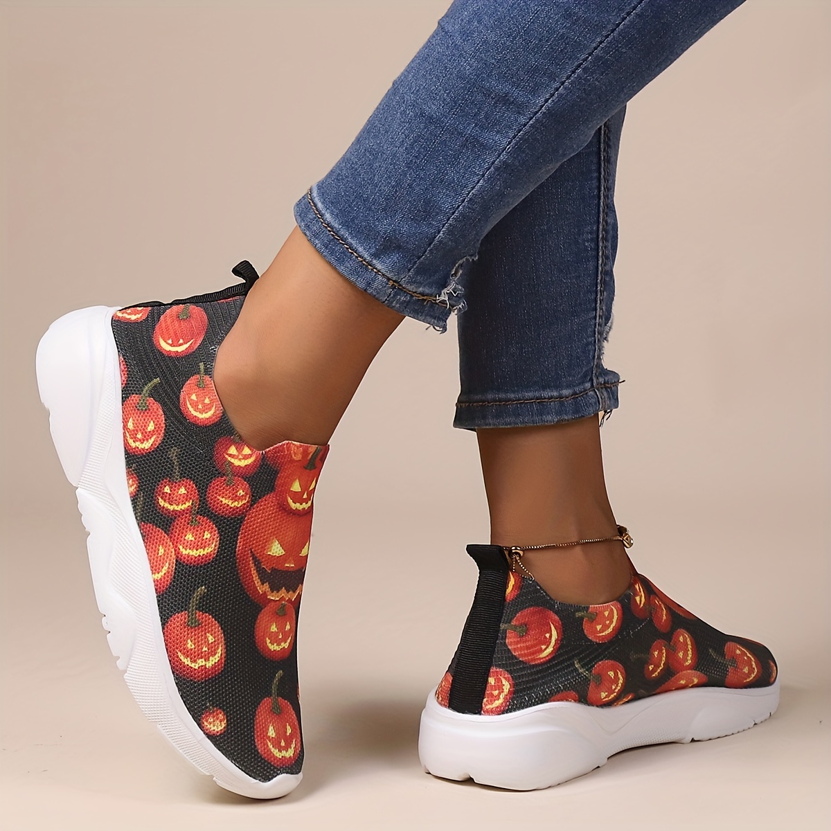 Women's Halloween Print Sock Sneakers Comfort Lace Low Top - Temu