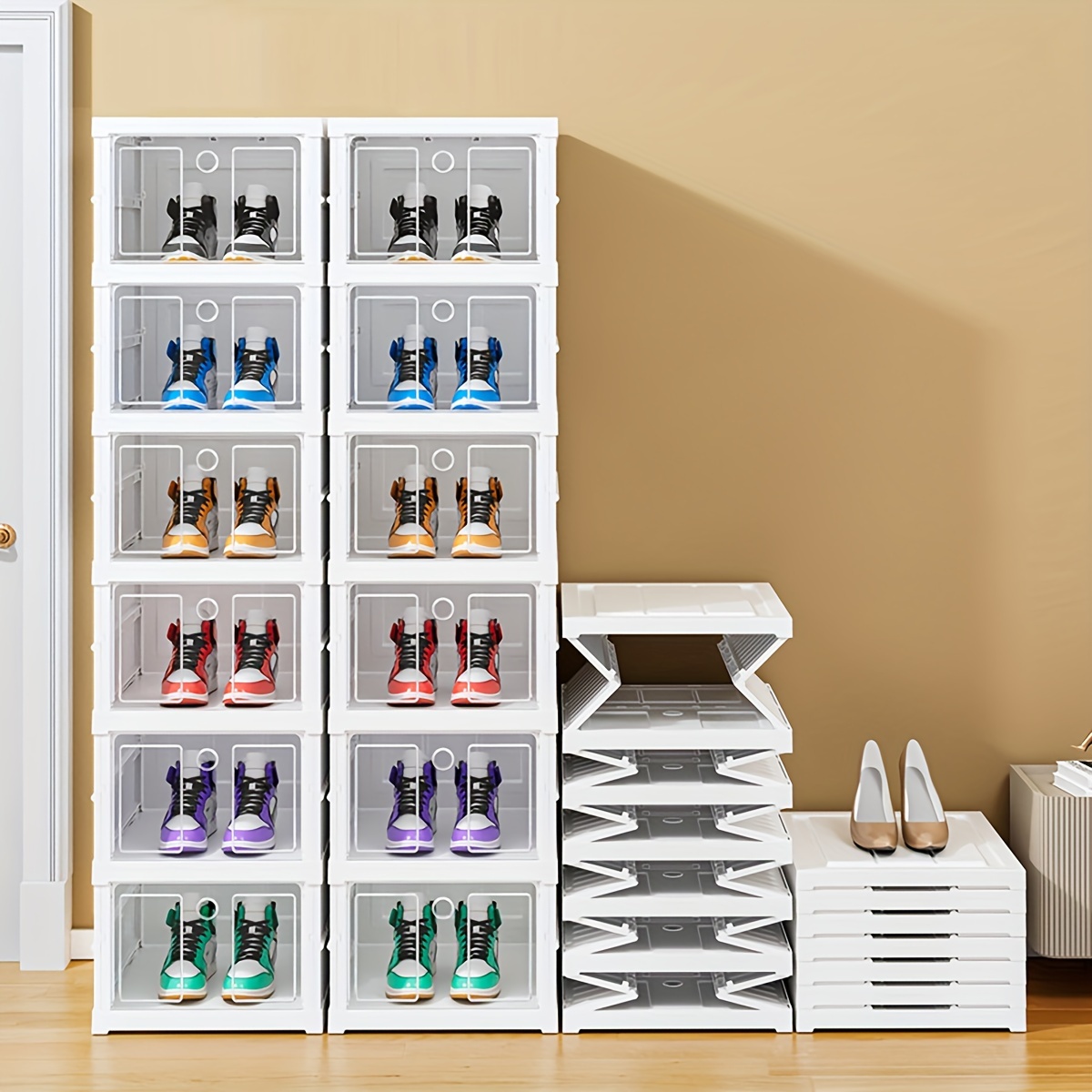 Zapatero apilable de 14 niveles para armario, zapatero vertical de plástico  para entrada, ahorro de espacio, gabinete estrecho para zapatos (gris, 14