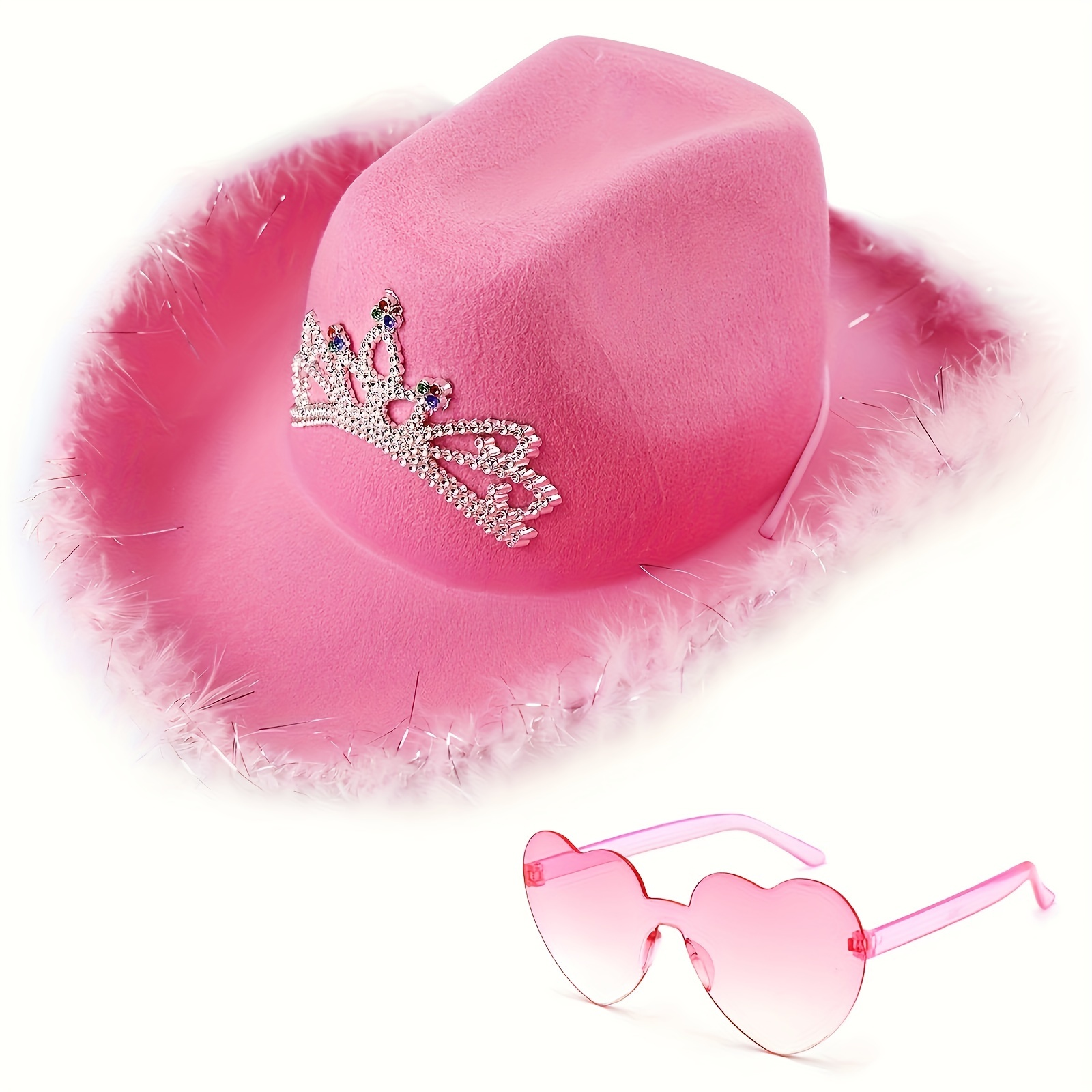 

Set, Pink Feather Cowboy Hat With Heart Shaped Party Glasses, Crown Tiara Cowgirl Hat, Birthday Bachelor Party Favor Headwear, Cool Stuff