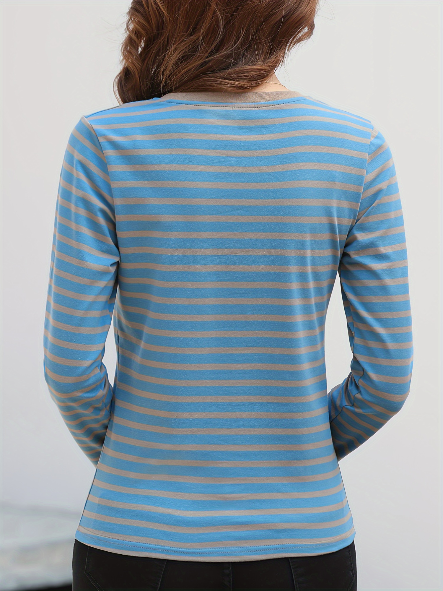 striped print crew neck t shirt casual long sleeve t shirt for spring fall womens clothing sea blue 2