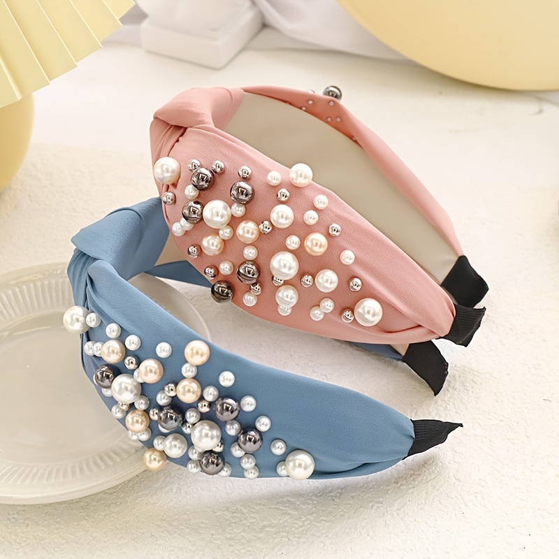Solid Fabric Knotted Headband with Faux Pearl Hair Bow
