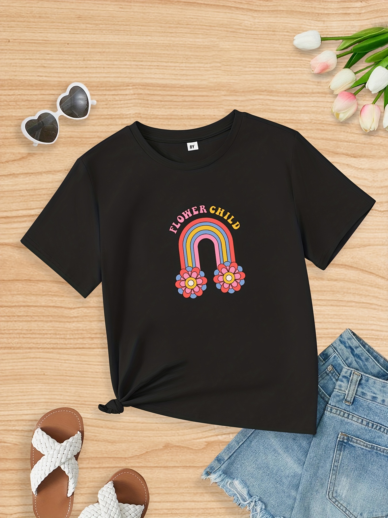 Girls Camera And Flowers Graphic T shirt Casual Sports - Temu