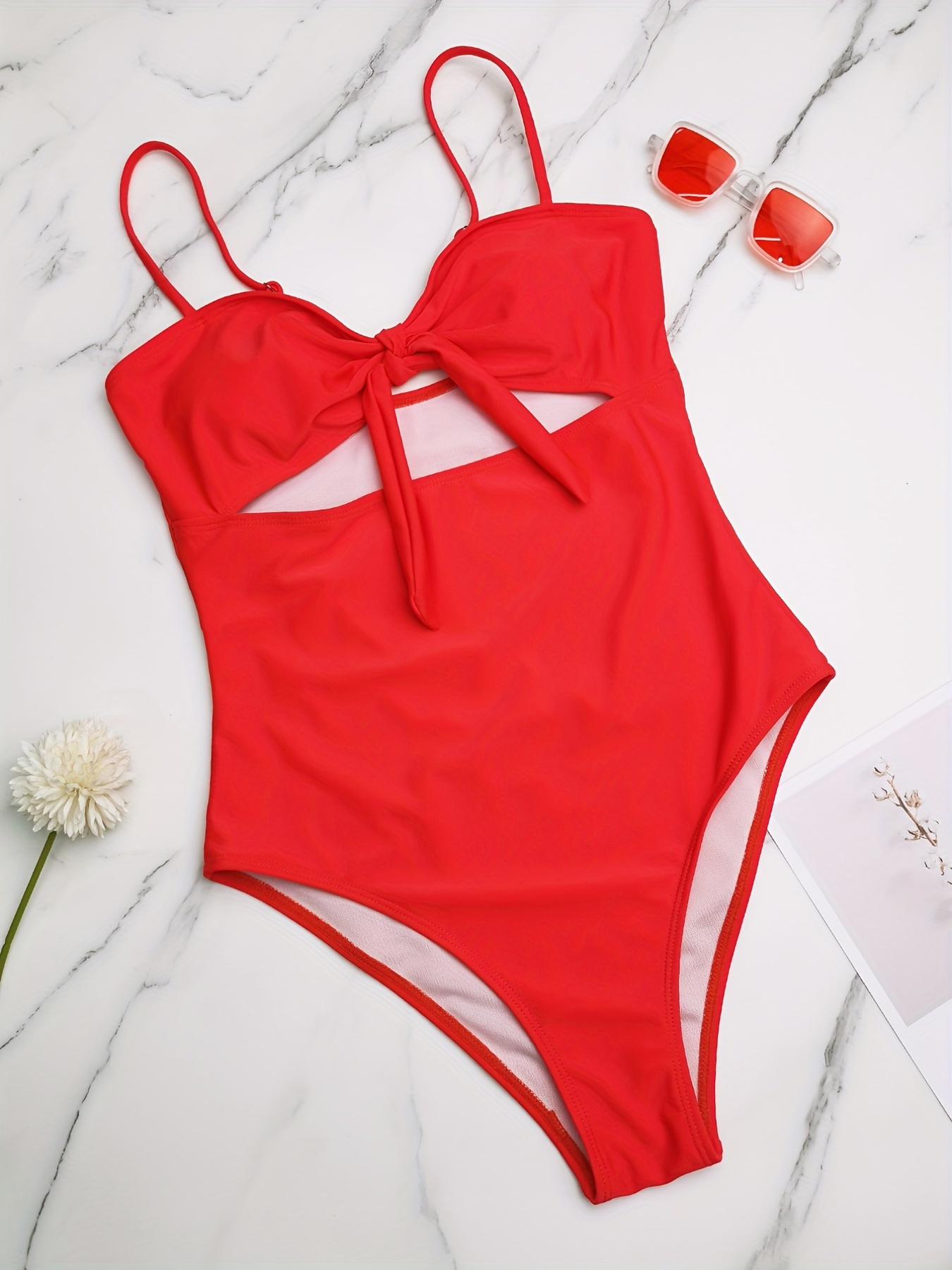 Red Ruched Bra Knot Front Swimsuit Cut Out V Neck - Temu Canada