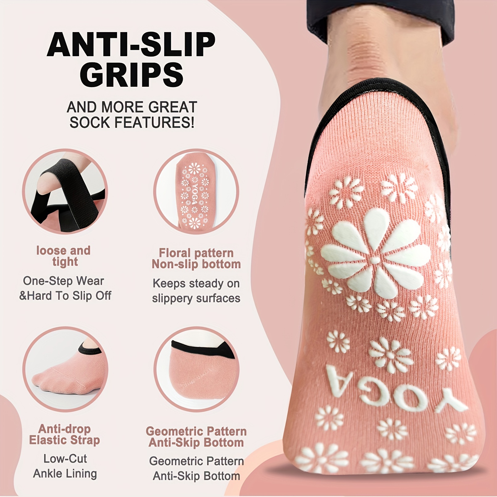 3 Pairs Yoga Socks for Women Non-Slip Grips & Straps, Ideal for