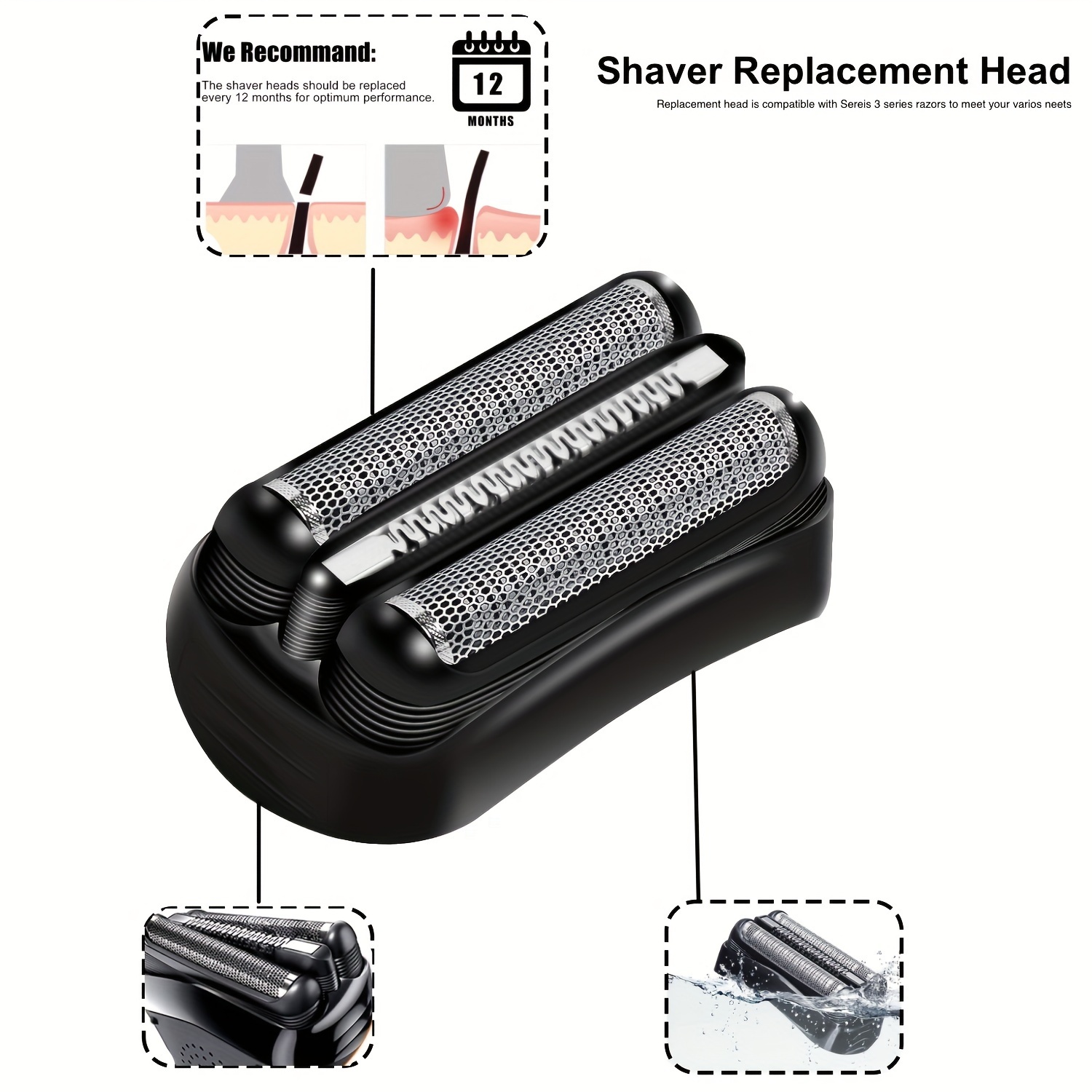 32B Shaver Head for Braun Series 3, Replacement Foil & Cutter