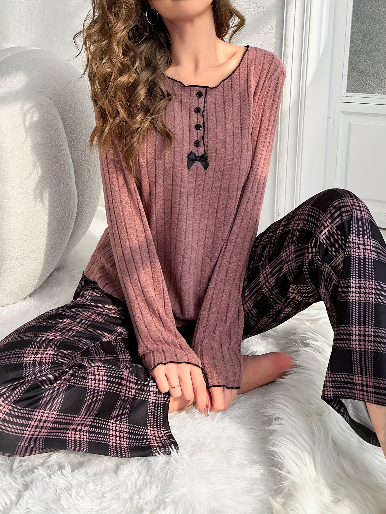 Comfy Plaid Pajama Set, Long Sleeve Letter Print Top & Pajama Pants,  Women's Sleepwear & Loungewear