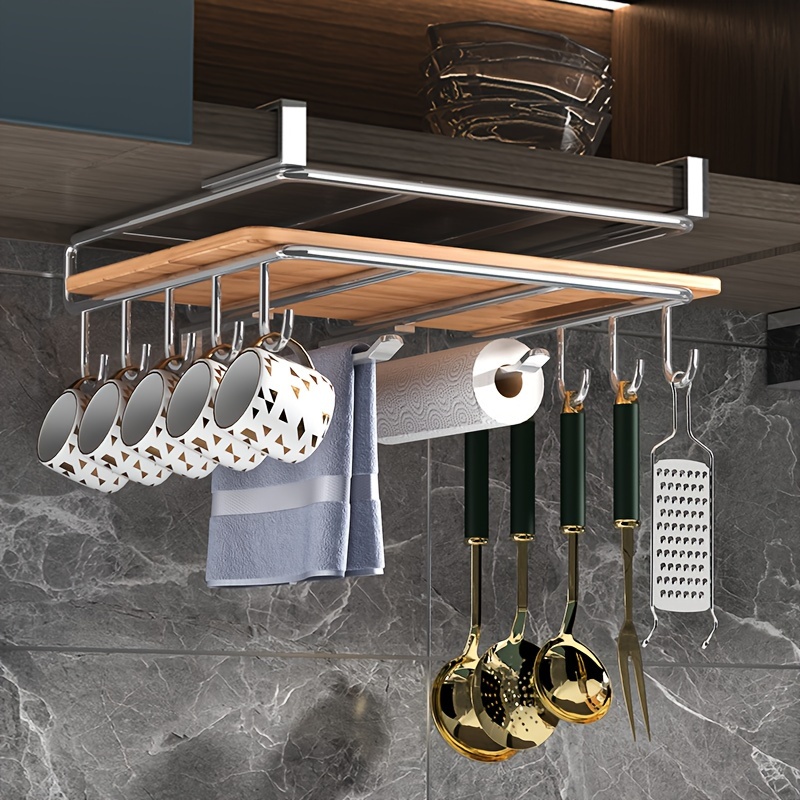 

1pc Reverse Hanging Rack, Punch-free Cabinet Cup Holder Shelf, Kitchenware Hook Rag Cutting Board Shelf, Storage Artifact, Home Organization And Storage Supplies, Kitchen Accessories