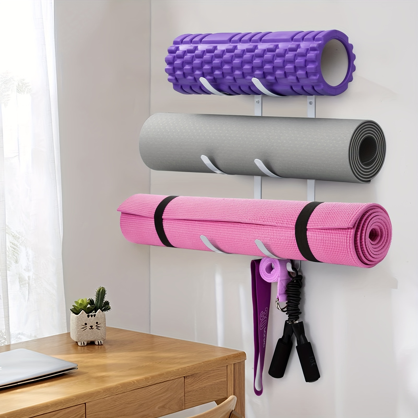 1pc Yoga Mat Holder Wall Mount, Wall Rack For Home Gym Decor, Gym Equipment  Organizer With 3 Hooks For Hanging Yoga Strap, Resistance Bands (White-Bla