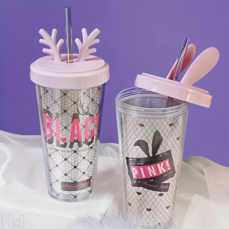 Cute Christmas Deer Rabbit Straw Cup, Creative Double Layer Plastic Cup,  For Christmas Gift - Temu