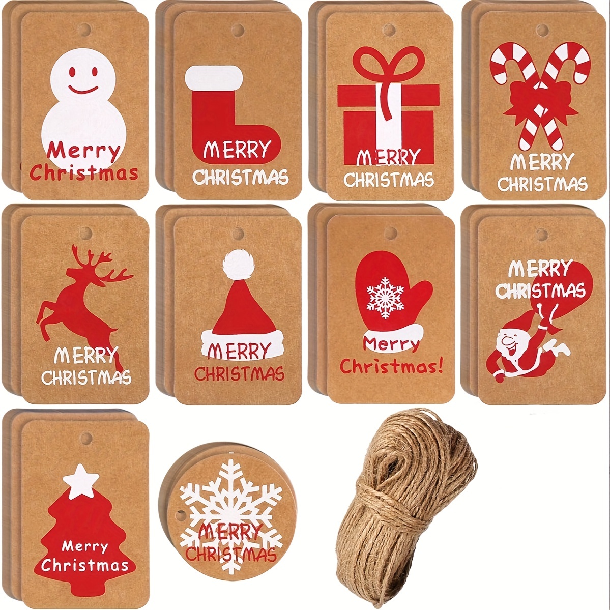 Christmas Gift Tags With String, 50pcs Brown Xmas Kraft Paper Tags