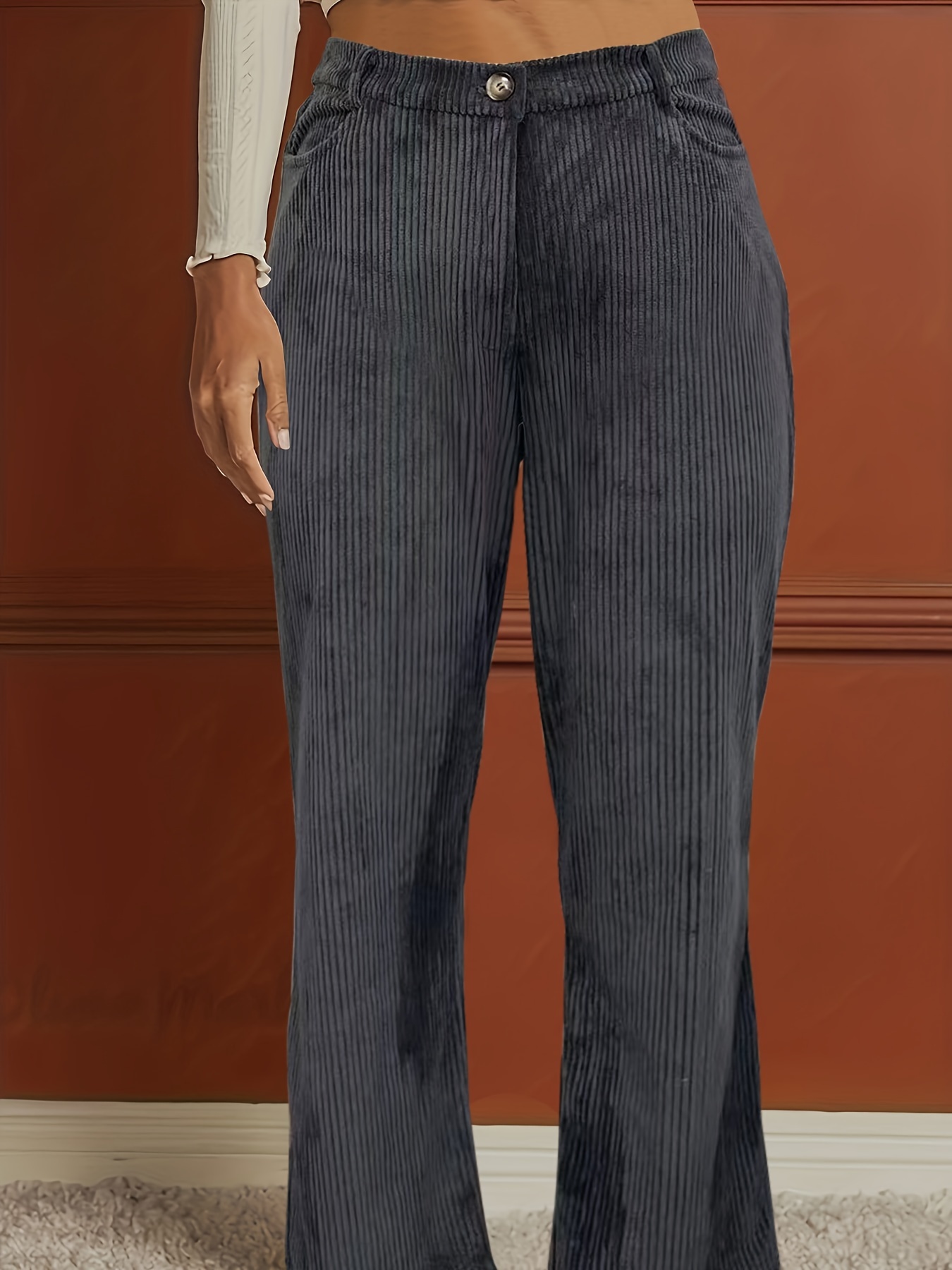 Solid Button High Waist Corduroy Pants Elegant Slim Stylish - Temu