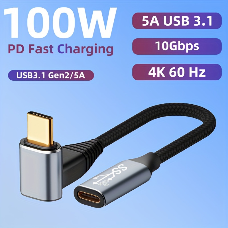 Cable USB 3,2 tipo C Gen 2, Cable corto de carga rápida PD, línea de ángulo  recto de 10Gbps, 4K, 60Hz, para más dispositivos tipo C