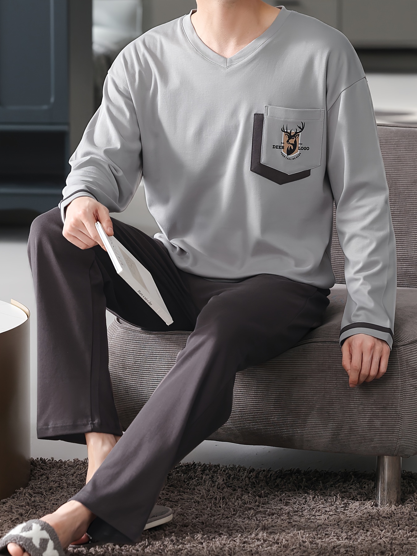 Men's Pure Cotton Long Sleeve Pajamas Spring/Autumn Thin Style Youth Home Wear Set Loose Fit for Autumn/Winter