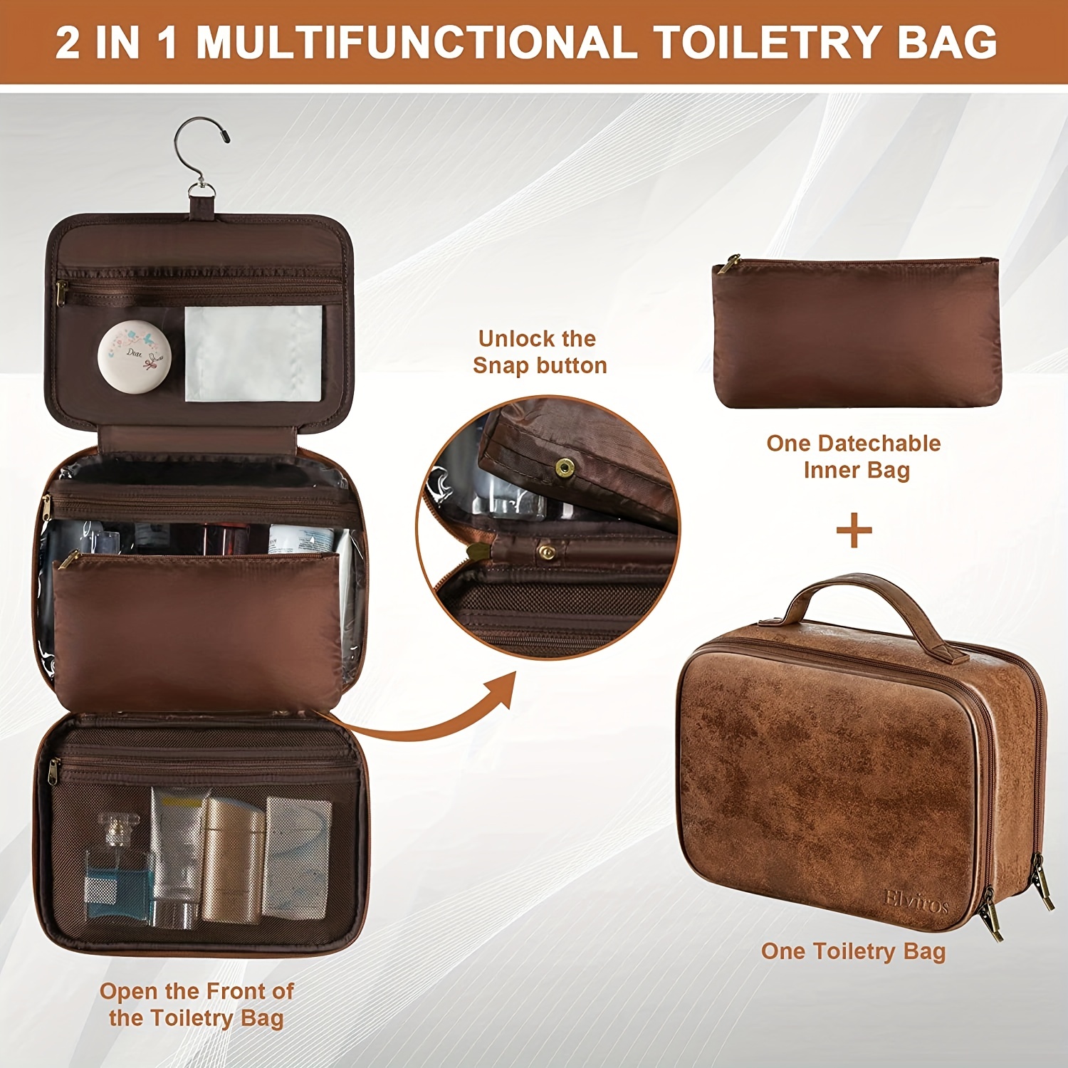 Elviros Toiletry Bag for Men, Large Travel Shaving Dopp Kit Water-Resistant Bathroom Toiletries Organizer PU Leather Cosmetic Bags, Brown