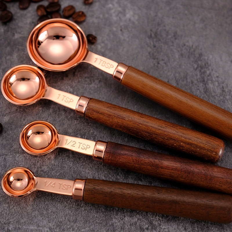 Measuring Cups & Spoons with Walnut Wood Handles, Stainless Steel and Rose Gold, Brown