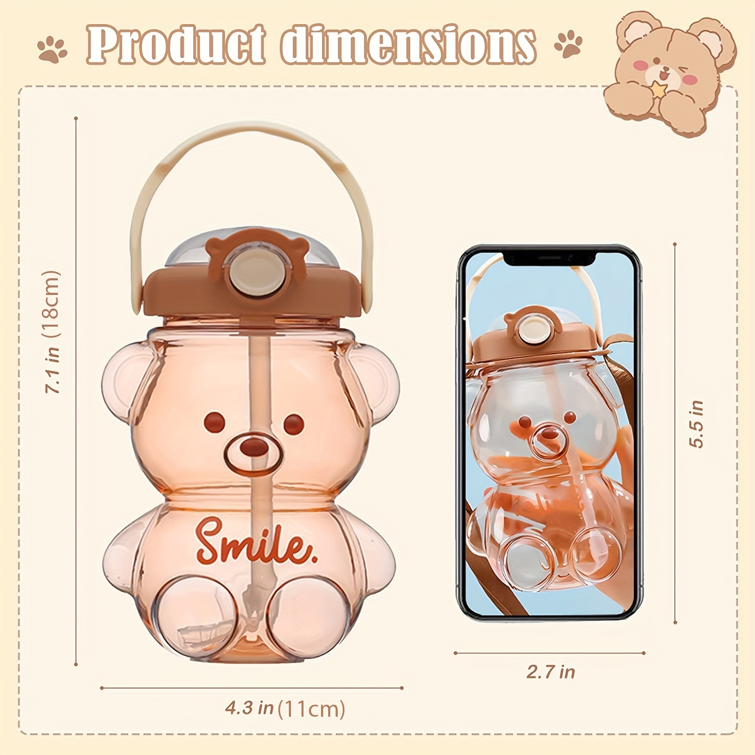 Cute Bear Water Bottle With Adjustable Shoulder Strap & Straw - Creative  Portable Water Bottle For Outdoor Camping - Temu