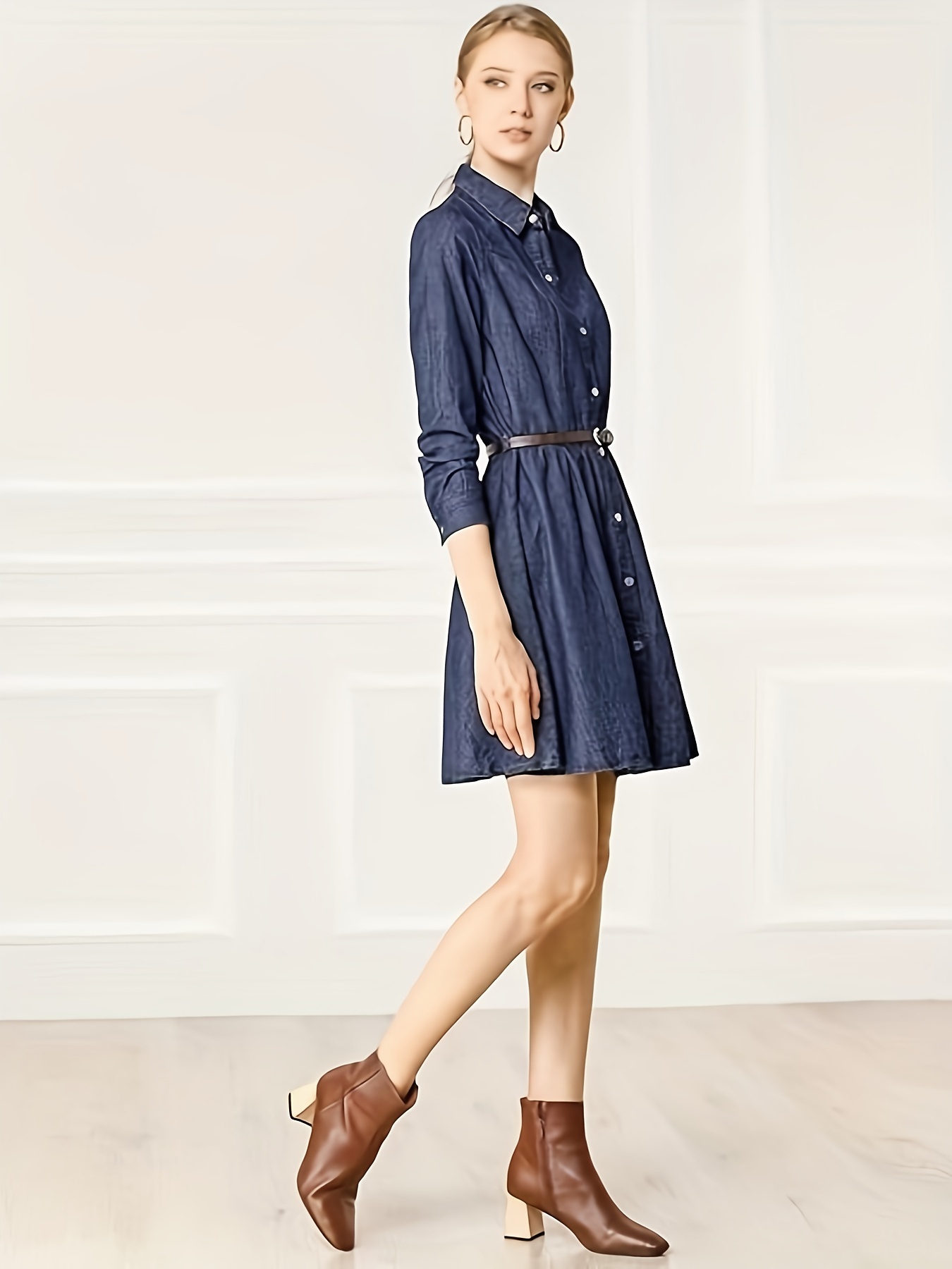 womens denim dress button belted pleated flare a line shirt - Temu Georgia