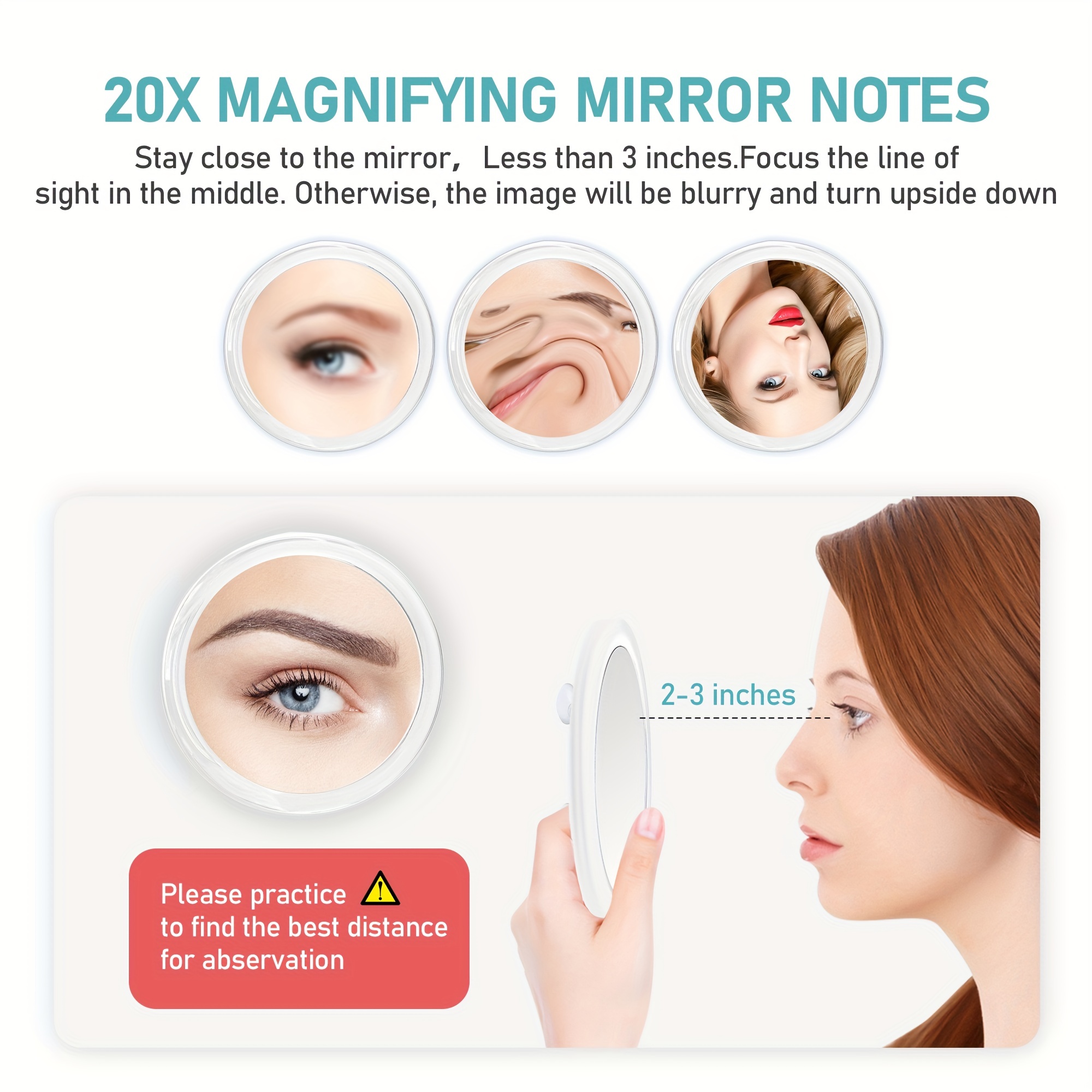 Espejo de Aumento 20X con ventosas, 15.2cm,Uso para aplicación de  Maquillaje, Pinzas y eliminación de Puntos Negros/imperfecciones, :  : Belleza