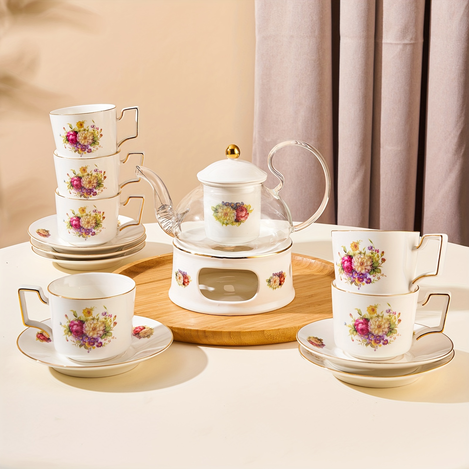 Juego de té de porcelana – Juegos de té para mujeres y adultos, 15 piezas,  juego de taza de té y platillo para 6 con crema y azucarero, juegos de té