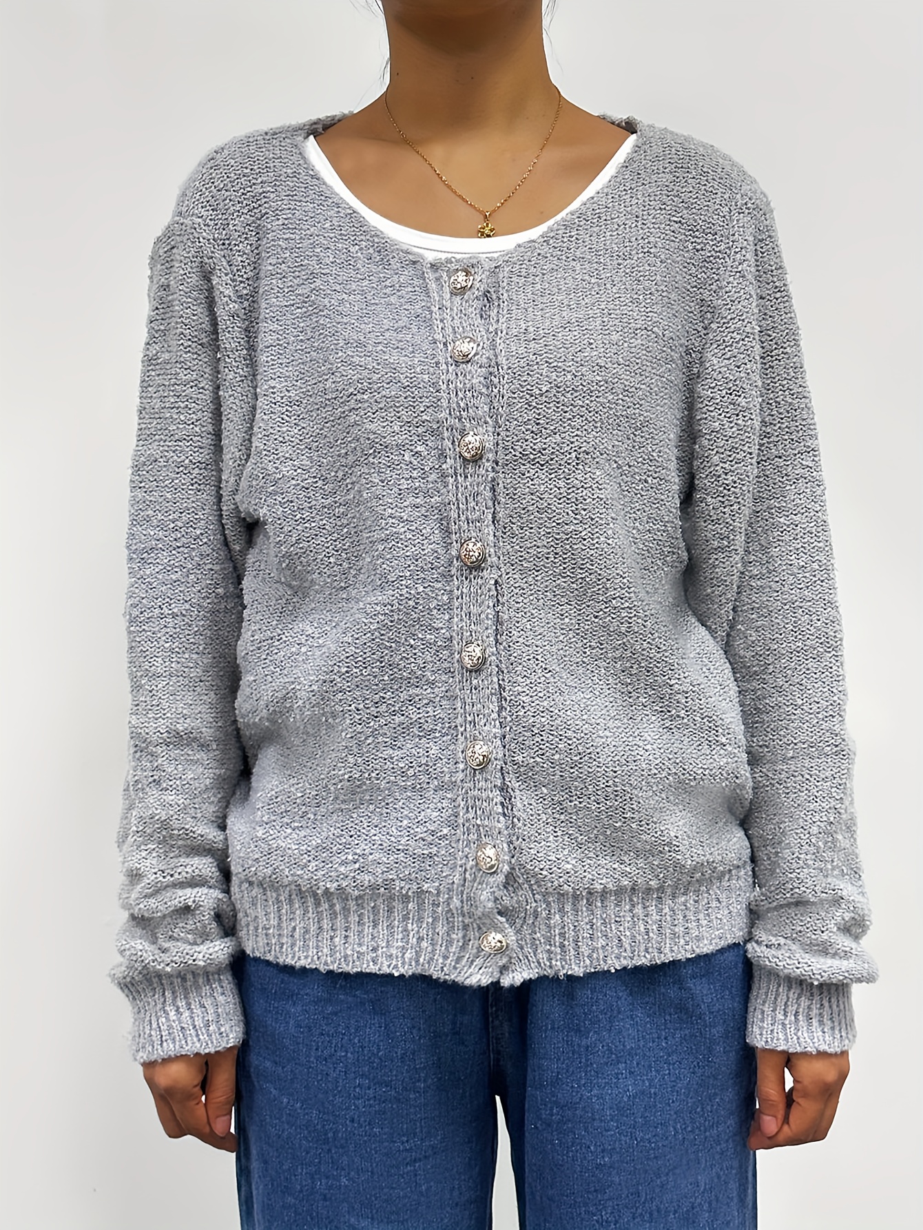 Solid Button Knit Cardigan Casual Crew Neck Long Sleeve - Temu