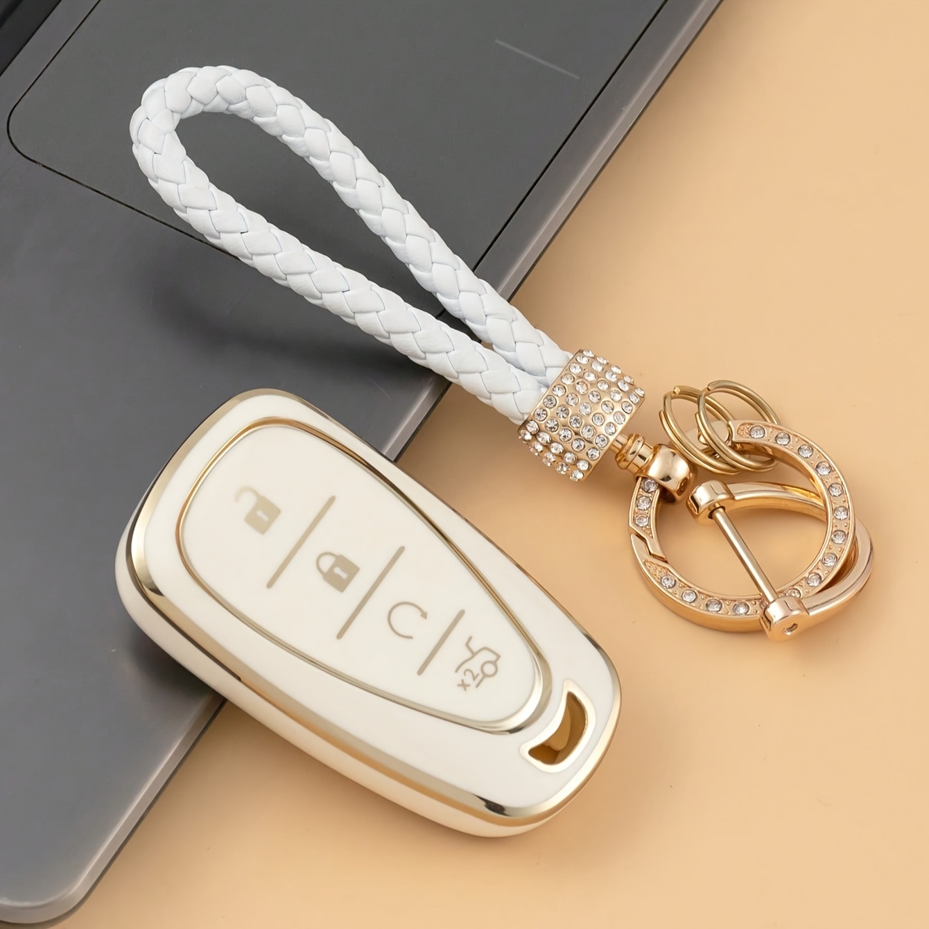 3pcs/set Tpu Soft Shell Car Key Case + Gold Rhinestone Keychain