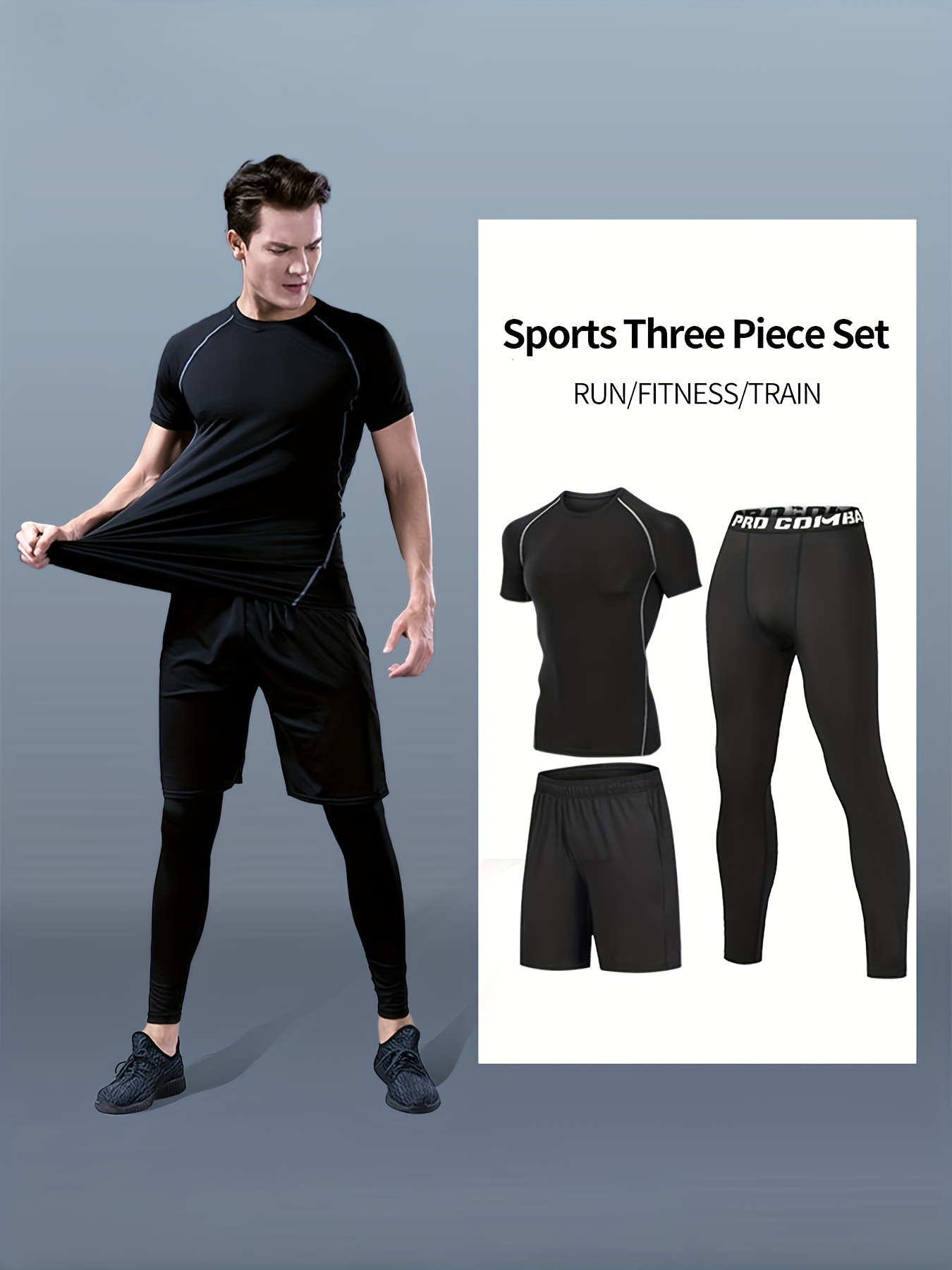 Men's Outdoor Sport Breathable Quick Drying Running Shorts Basketball Gym Compression  Tight Training Leggings Three-piece Suit