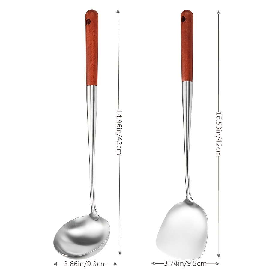 304 Stainless Steel Cooking Ladle Spatula, Wooden Handle Soup Spoon Shovel,  High Temperature Resistant Kitchen Utensils Set - Temu