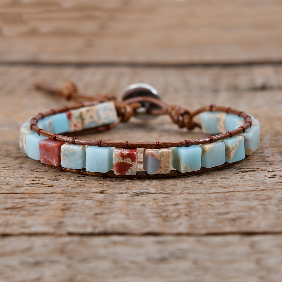 Square Shape Stone Beaded Bracelet Multilayer Braided Pu - Temu