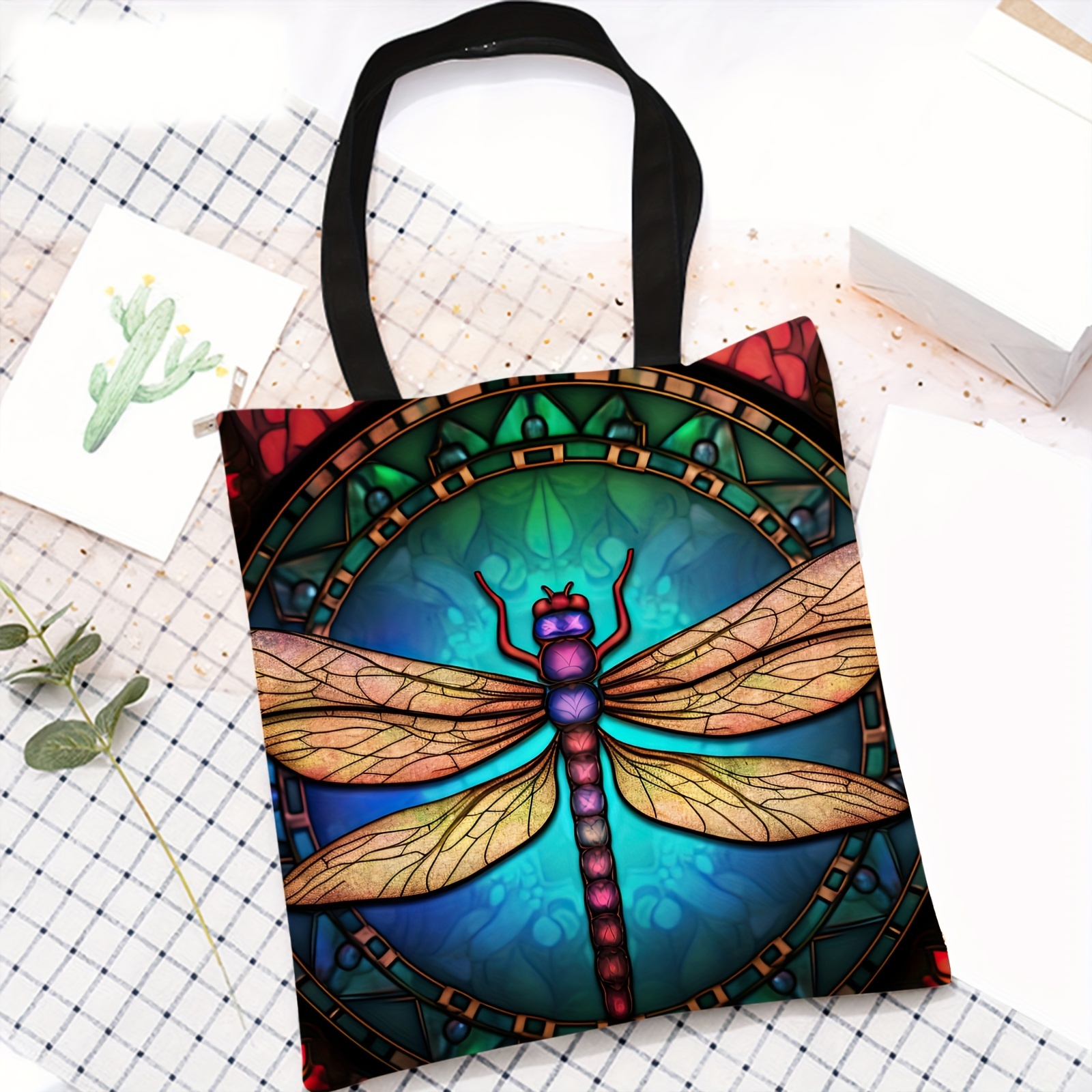 

1pc, Dragonfly Print Canvas Bag, Large Tote Top Handle Shoulder Bags, Shopping Travel Work Reusable Portable Tote Bag, Party Supplies, Holiday Supplies