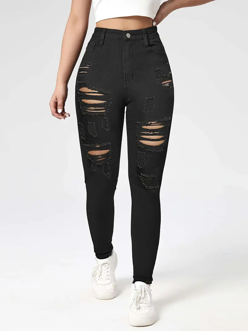 Black Ripped Skinny Jeans Slash Pockets Distressed High - Temu