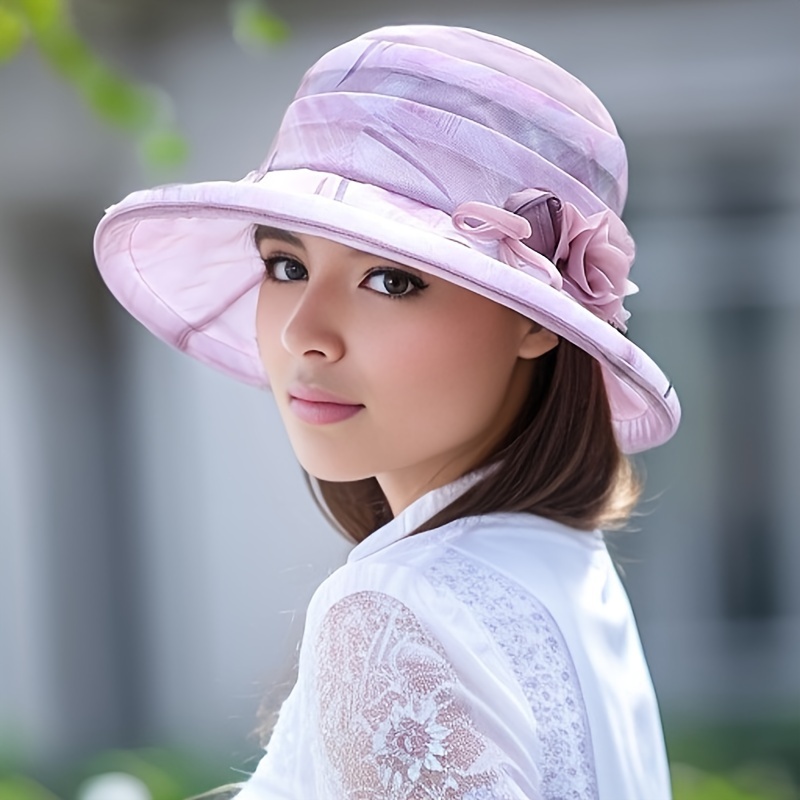 Elegant Mulberry Silk Sun Hats Flower Decor Thin Breathable Derby Bucket Hat Lightweight Summer Travel Beach Hats for Women Girls,SUN/UV Protection
