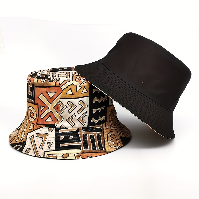 1pc 80s 90s Vintage Geometric Printed Bucket Hat Reversible Stylish Fisherman Adjustable Sun Protection Travel Hats for Women Men,Temu