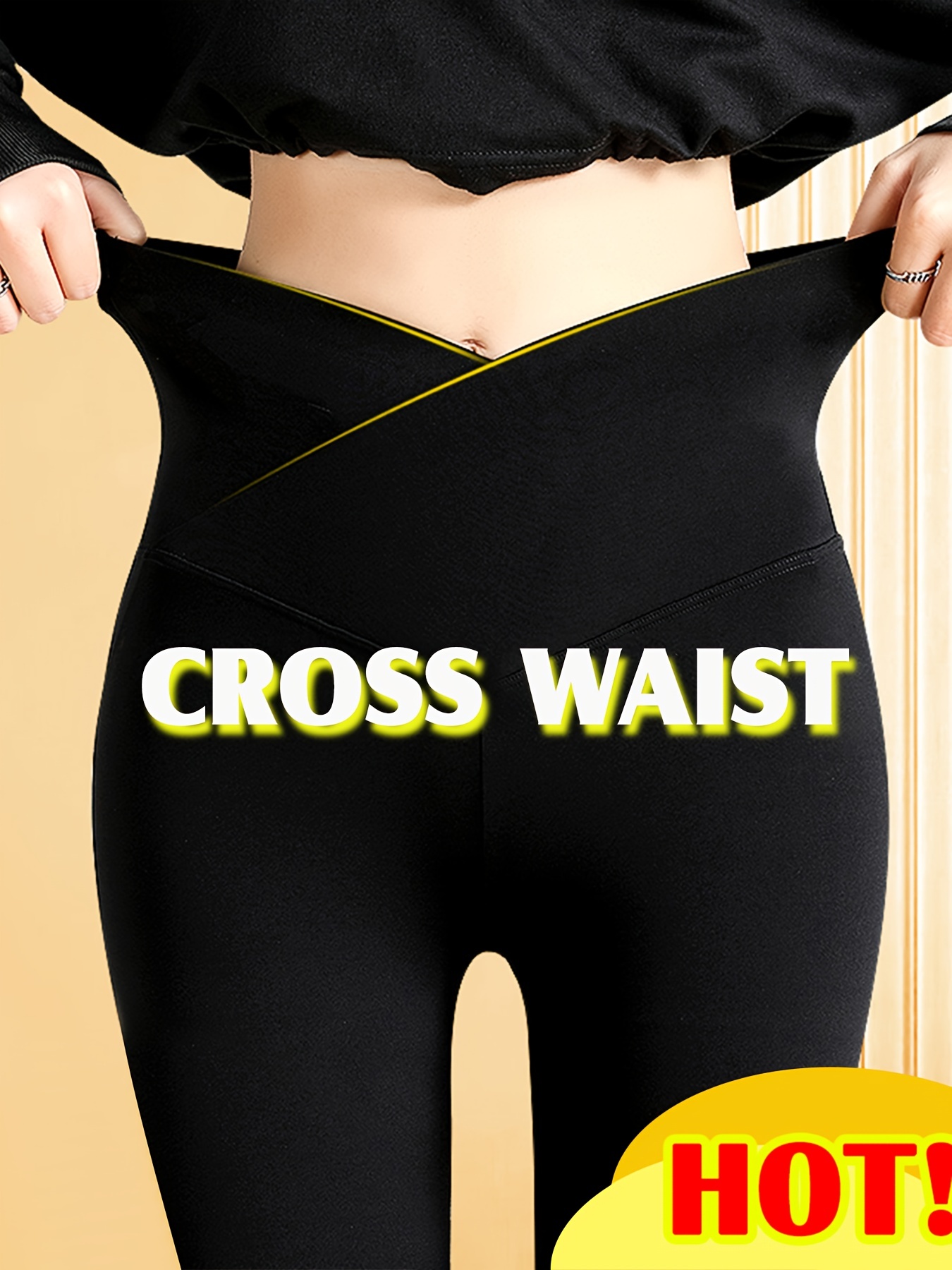 Buy V Cross Waist Leggings for Women Tummy Control-Soft High Waisted Non  See Through Black Yoga Pants at