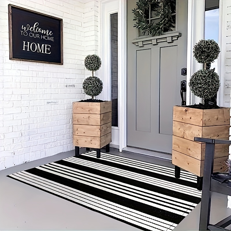 Outdoor Rugs Layering Front Door Mat Striped Gray White Woven Rug