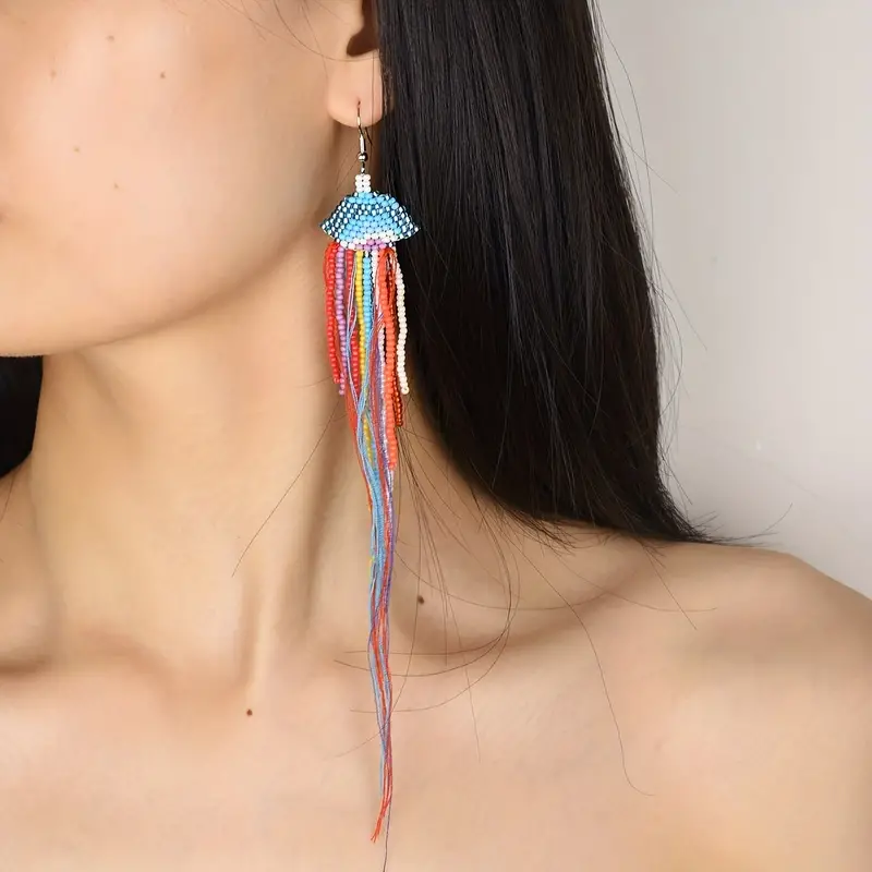 Jellyfish Shape Colorful Beads Decor Boho Dangle Earrings - Temu