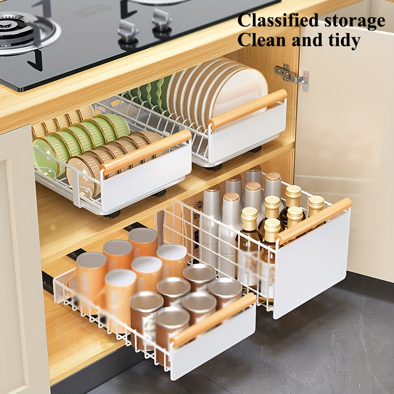 Kitchen Dish Drying Rack With Wood Handle, Pull-out Tray Storage