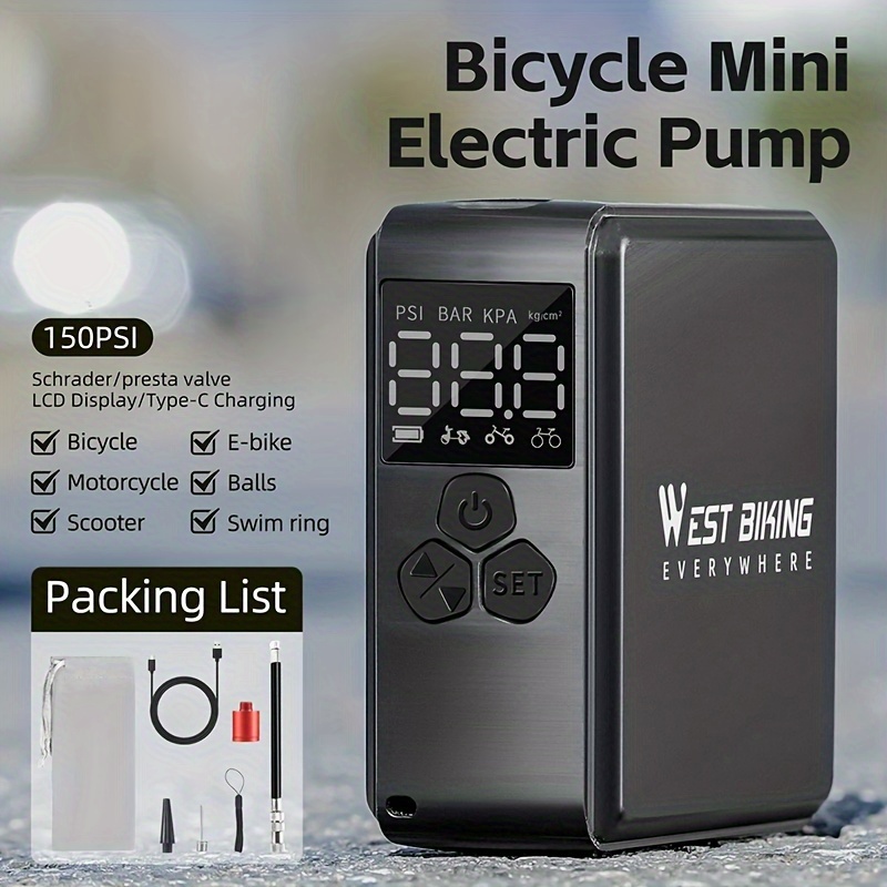 Mini pompe à vélo électrique avec affichage numérique, gonfleur d'opathie,  déterminer avec 4 buses, fonction d'éclairage LED pour vélos, 150PSI,  4000mAh - AliExpress