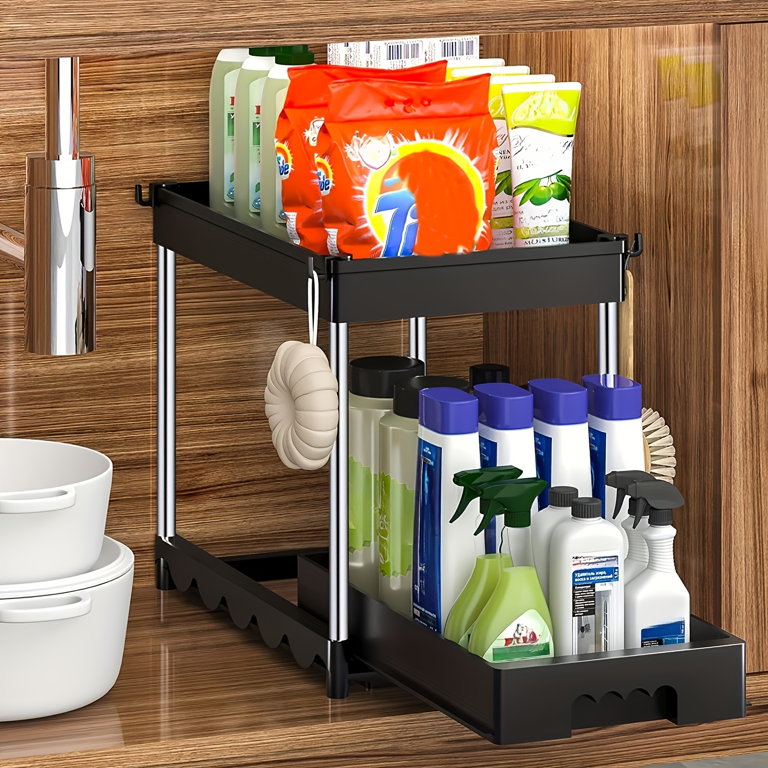 Under Sink Organizers and Storage, 2 Pack Pull-out Large Capacity Under  Bathroom and Kitchen Cabinet Storage Drawer Organizer with Hooks