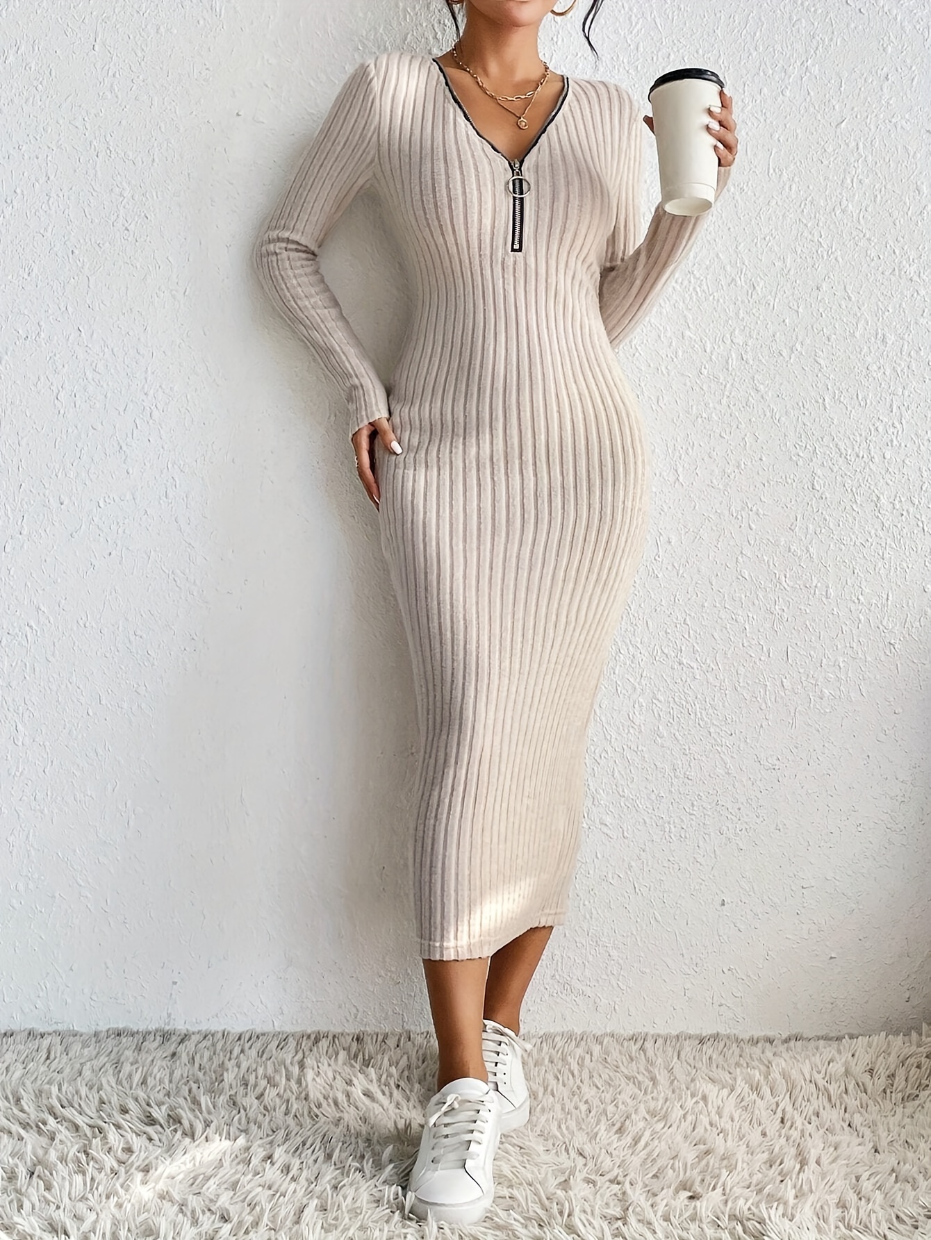 ribbed knit zip-up v neck dress, chic solid color long sleeve slim dress, women's clothing apricot 2
