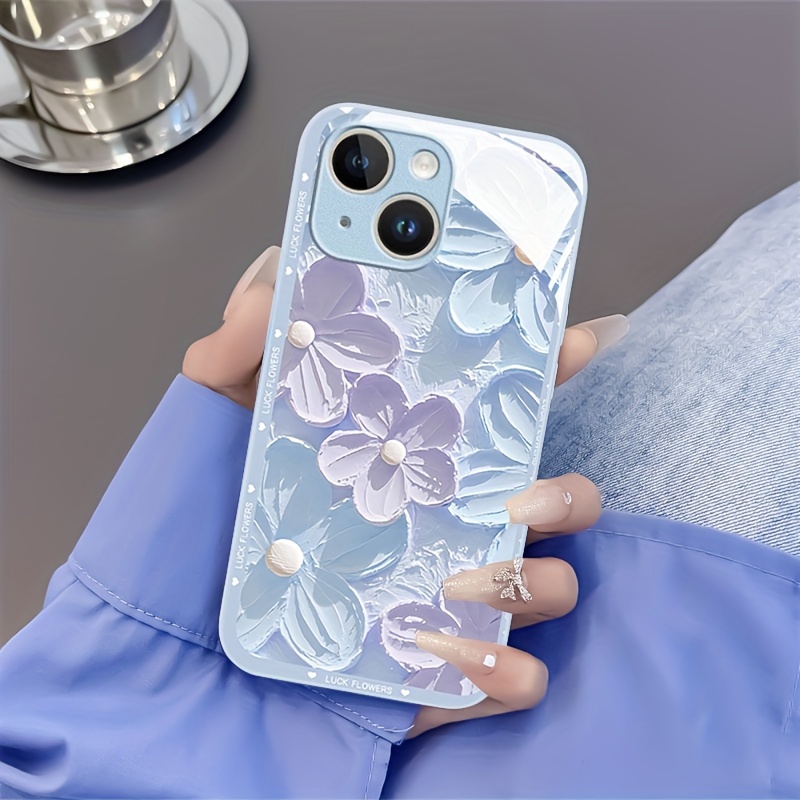 

Creative Oil Painting Flower Pattern Phone Case Suitable For 15 14 13 12 11 X/xs Xr Xs Pro Max Plus Far Blue Metallic Silicone Glass Straight Edge New Protective Case