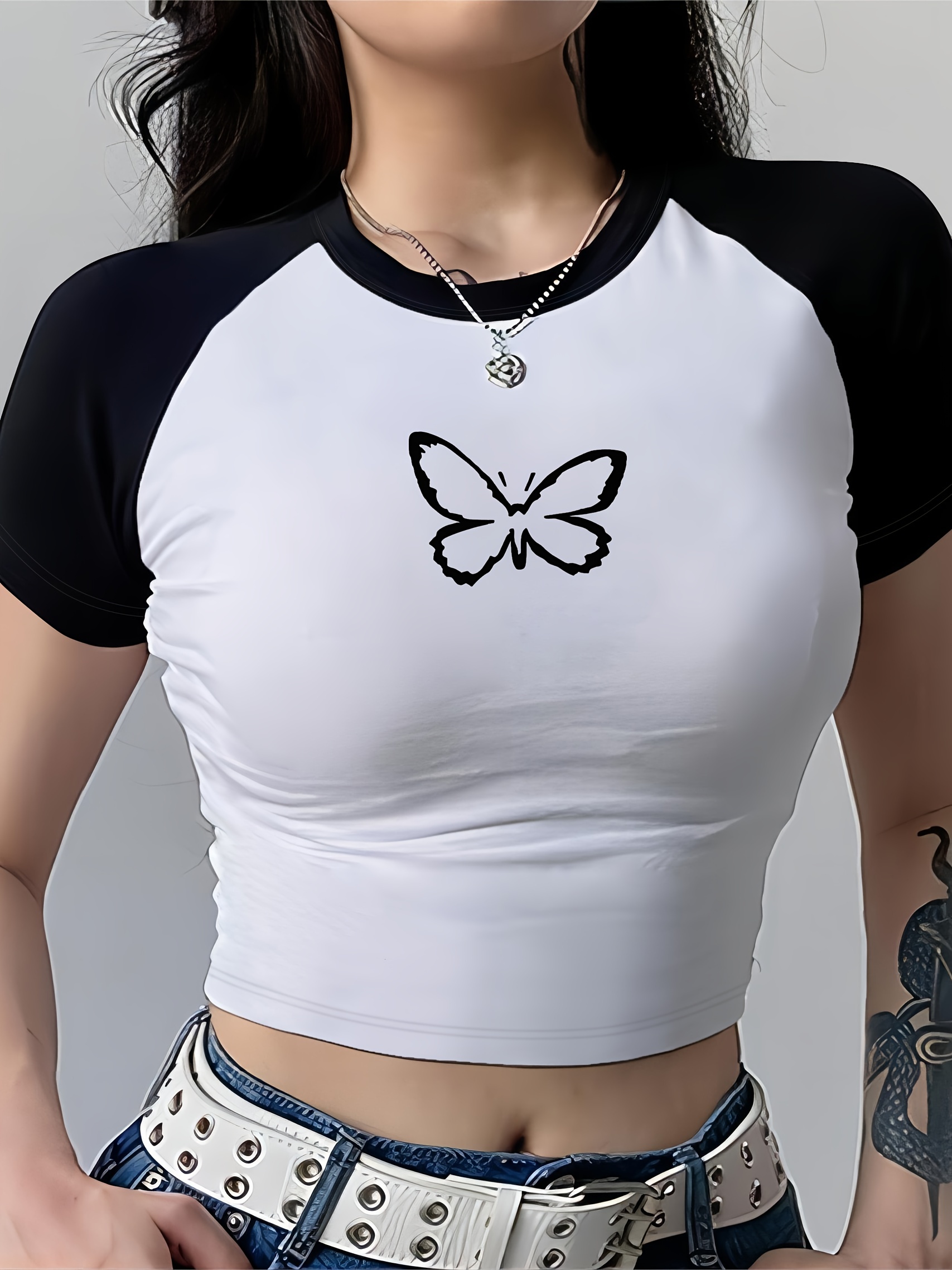  Short Sleeve Slim Fitted Graphic Crop Top Teen Girls Cute  Butterfly Summer Crop T Shirt for Women Soft Breathable Stretchy Round Neck  Floral Crop Tee Holiday Party Y2K T Shirt Streetwear 