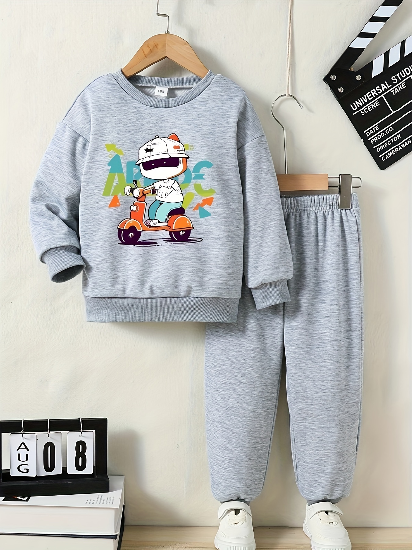 Boy's Robot Biker Print Outfit, Sweatshirt & Track Pants Set